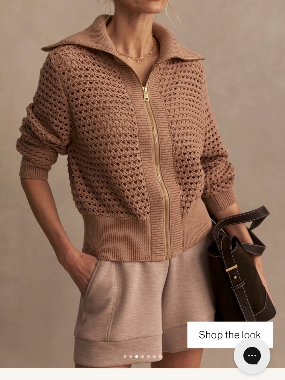 Varley - Open-Knit Zip Front Sweater Jacket - Warm Taupe - size small,